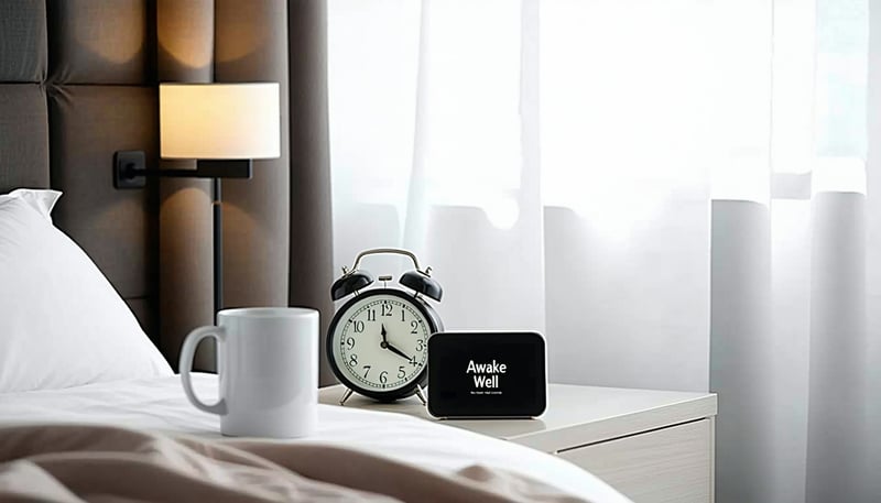 Awake Well product on a nightstand, next to an alarm clock and coffee mug